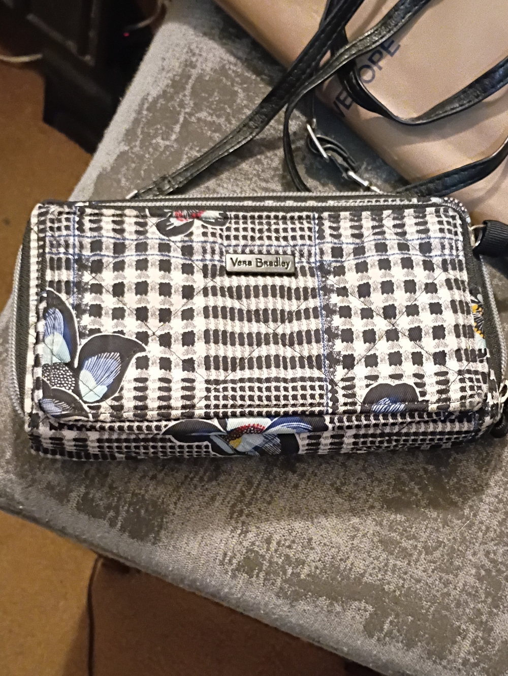 Vera Bradley Black & White Grid Floral Crossbody Wallet